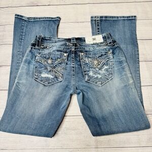 Miss Me Easy Boot Denim Blue Jeans Bling Embellished Flap Pockets Size 27
